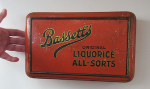 Vintage 1930s Art Deco Bassett's Liquorice All-sorts in Orange Tin