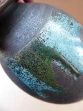 Load image into Gallery viewer, STUDIO POTTERY. Vintage 1960s Vase. Matt Black Lava Glaze &amp; Blue and Green Lustre Squares: GS Mark
