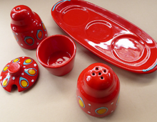 Load image into Gallery viewer, 1960s BRISTOLIA, ITALY Pottery Cruet Set. Salt and Pepper Pot, Mustard Pot on Stand
