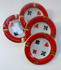 Polish CHODZIEZ Mid-Century Porcelain Ashtrays / Dishes. Four Playing Cards Design for BRIDGE
