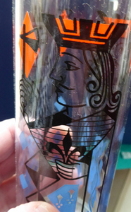 1960s TUMBLERS. "Royalty" Playing Cards Design by Alexander Hardie-Williamson for Ravenshead Glass. Kings & Queens Slim Jim Drinking Glasses