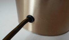Load image into Gallery viewer, 1960s Vintage Table Lamp with Tubular Gold Tone Metal Cylindrical Body and Original Metallic Stripes Drum Shade

