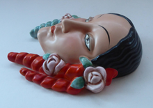 Load image into Gallery viewer, Rare 1930s GOEBEL Pottery Wall Mask. Art Deco Spanish Lady with Fabulous Floral Hair Decorations. LARGER size. 7 inches
