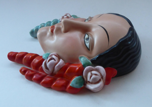 Rare 1930s GOEBEL Pottery Wall Mask. Art Deco Spanish Lady with Fabulous Floral Hair Decorations. LARGER size. 7 inches