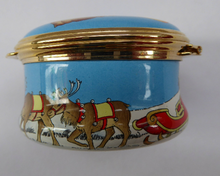Load image into Gallery viewer, Vintage Halcyon Days Enamels Christmas Box 1999. Santa Delivering Presents in a Parachute. Excellent Condition
