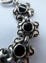 Load image into Gallery viewer, Vintage SOLID SILVER Bracelet with Abstract Floral Design &amp; Black Enamel Details. SIGNED; probably Scandinavian
