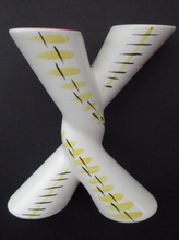 Load image into Gallery viewer, Rare 1950s Vintage SYLVAC Cross Shaped Bud Vase - with Abstract Yellow &amp; Black Pattern and Glossy Red Interior
