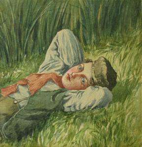 SCOTTISH ART: Alexander Stuart Boyd (1854 - 1930). Watercolour Study of a Young Boy Resting in a Meadow