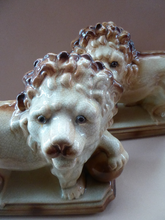 Load image into Gallery viewer, LARGE PAIR of ANTIQUE Staffordshire Style Medici Lions with front paw on ball. 14 inches in length
