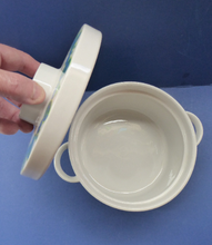 Load image into Gallery viewer, Rarer Granada Pattern: Vintage Norwegian FIGGJO FLINT Cassrole Dish with Minimalist Decoration of Blue &amp; Green Polka Dots
