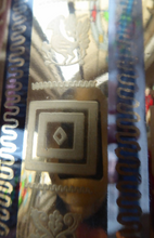 Load image into Gallery viewer, 1960s Glass SCOTCH Whisky Decanter. With Bulbous Gold Tone Pourer and Geometric Mirrored Gold Decorations
