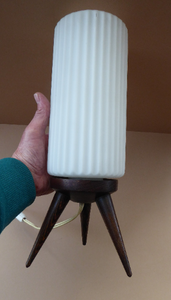 Vintage 1950s Scandinavian Style Table Lamp with Rosewood Tripod Feet and Tall Fluted White Glass Shade