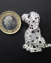Load image into Gallery viewer, Vintage SWAROVSKI Crystal Brooch or Pin in the Shape of a Seated Dalmatian Puppy. In Original Box with Leaflet
