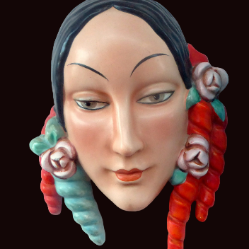 Rare 1930s GOEBEL Pottery Wall Mask. Art Deco Spanish Lady with Fabulous Floral Hair Decorations. LARGER size. 7 inches