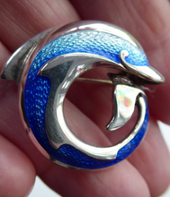 Load image into Gallery viewer, Lovely Vintage SCOTTISH Sheila Fleet Hallmarked Silver and Blue Enamel Dolphin Brooch
