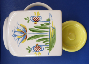 1950s BRISTOL POTTERY Kitchen Canister or Storage Jar. Vintage Old Delft Tulip Design with Carrying Handle. SALT