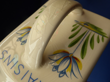 Load image into Gallery viewer, 1950s BRISTOL POTTERY Kitchen Canister or Storage Jar. Vintage Old Delft Tulip Design with Carrying Handle. RAISINS

