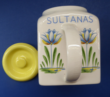 Load image into Gallery viewer, 1950s BRISTOL POTTERY Kitchen Canister or Storage Jar. Vintage Old Delft Tulip Design with Carrying Handle. SULTANAS
