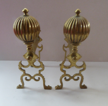 Load image into Gallery viewer, Aesthetic Movement Brass Fire Dogs or Antique Andirons with Large Ribbed Balls Finials
