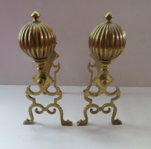 Aesthetic Movement Brass Fire Dogs or Antique Andirons with Large Ribbed Balls Finials