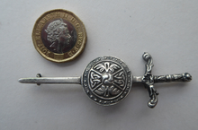 Load image into Gallery viewer, 1950s SCOTTISH SILVER BROOCH. Vintage Lapel Brooch or Miniature Kilt Pin: Celtic Sword &amp; Shield Design by Robert Allison
