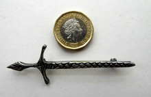 Load image into Gallery viewer, 1950s SCOTTISH SILVER BROOCH. Simple Vintage Lapel Brooch in the Shape of a Sword. Designed Robert Allison 1957
