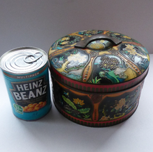 Load image into Gallery viewer, Large Circular VINTAGE Gray Dunn Biscuit Tin, with Japanese / Art Nouveau Decorations. Aesthetic Movement Colours
