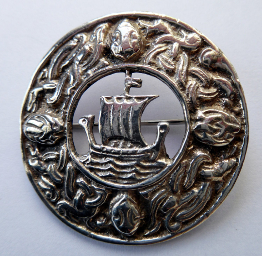 Fine Vintage 1936 Edinburgh Hallmarked Celtic Brooch with Viking Ship. James Ness & Son