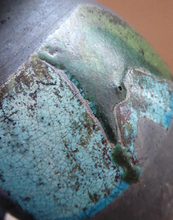 Load image into Gallery viewer, STUDIO POTTERY. Vintage 1960s Vase. Matt Black Lava Glaze &amp; Blue and Green Lustre Squares: GS Mark
