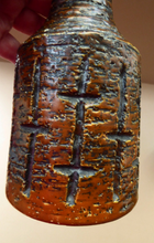 Load image into Gallery viewer, NORWEGIAN AWF (Arnold Wiigs Fabrikker) Pottery Vase with Long Neck and Finger Loop. Incised Decoration and Green Glossy Glaze Inside
