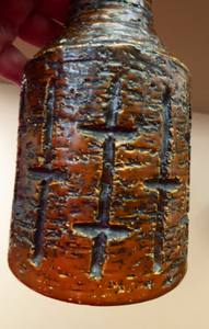 NORWEGIAN AWF (Arnold Wiigs Fabrikker) Pottery Vase with Long Neck and Finger Loop. Incised Decoration and Green Glossy Glaze Inside