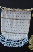 Load image into Gallery viewer, Sweet Little Vintage Reticule Drawstring Glass Beaded Bag. Cream &amp; Gold Mirco Beads. Comes with Free Embroidered Trim. Good Condition
