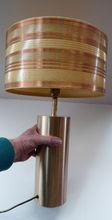 Load image into Gallery viewer, 1960s Vintage Table Lamp with Tubular Gold Tone Metal Cylindrical Body and Original Metallic Stripes Drum Shade
