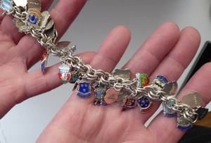 SILVER BRACELET with 36 Vintage SILVER and Enamel Towns Charms. Souvenirs of a Visit to the Town