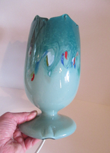 Load image into Gallery viewer, 1950s Scottish VASART Glass Tulip Lamp in Swirly Grey-Blue and Aqua Shades with Tutti Frutti Flecks. WORKING
