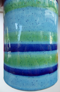 1970s Vintage Italian BALDELLI POTTERY Vase with Turquoise, Emerald Green and Royal Blue Horizontal Stripes and Tall Chimney Shaped Neck