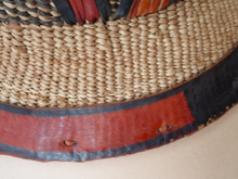 Load image into Gallery viewer, Vintage AFRICAN (Ghana) Woven Straw &amp; Leather FULANI Hat with Straps. Nice, clean condition
