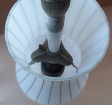 Load image into Gallery viewer, Mid-Century Design Classic. 1950s Skittle Shaped Glass Hanging Lampshade; possibly Danish. Opaque White Glass with Grey Stripes
