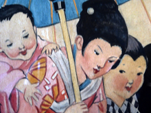 Load image into Gallery viewer, 1930s Art Deco Watercolour Japanese Lady and Children with a Parasol 
