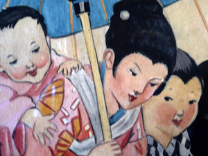 1930s Art Deco Watercolour Japanese Lady and Children with a Parasol 