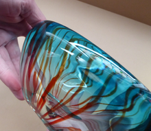 Load image into Gallery viewer, Unusual Chunky Blue Glass Bowl with Flat Polished Pontil Base - with Red Stripes from the Centre. Probably Italian, Murano

