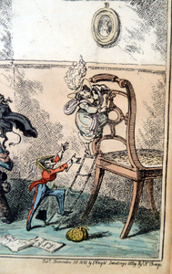 Original GEORGIAN Satirical Print by George Cruikshank (1782 - 1878). Hand-coloured etching entitled Jealousy and dated 1825