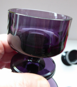Stylish 1970s SHERINGHAM WEDGWOOD GLASS Set of Three Purple Candlesticks by Stennett-Wilson. 3 1/2 inches High