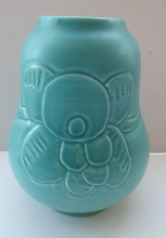 Load image into Gallery viewer, 1930s CROWN DUCAL Byztantine or Danube Vase. Shaped 155. Matt Aqua Green Glaze with Sgraffito Floral Decorations
