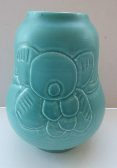 1930s CROWN DUCAL Byztantine or Danube Vase. Shaped 155. Matt Aqua Green Glaze with Sgraffito Floral Decorations