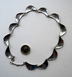 1950s NORWEGIAN Guilloche Enamel and Silver Necklace by Elvik & Co. with 12 Red Shell Shaped Links