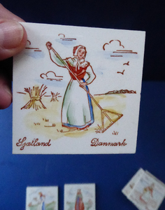 Vintage DANISH Miniature Ceramic Tiles. Folk Art Images of Ladies Working. Each Wears a Regional Costume
