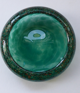 Pretty SCOTTISH MONART GLASS Shallow Pin Dish. Mottled Pale Blue and Green Glass with Gold Aventurine & Customary Raised Pontil Mark