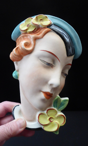 ART DECO Royal Dux, Czechoslovakia Wall Mask. 1930s Lady with Stylish Flapper Hat and Yellow Flower on her Lapel
