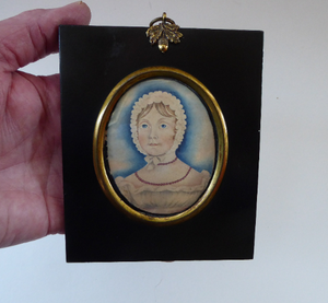 ANTIQUE Portrait Miniature of a Young Lady. Watercolour Study in Antique Black Wooden Frame with Acorn Hanging Ring; c 1830s